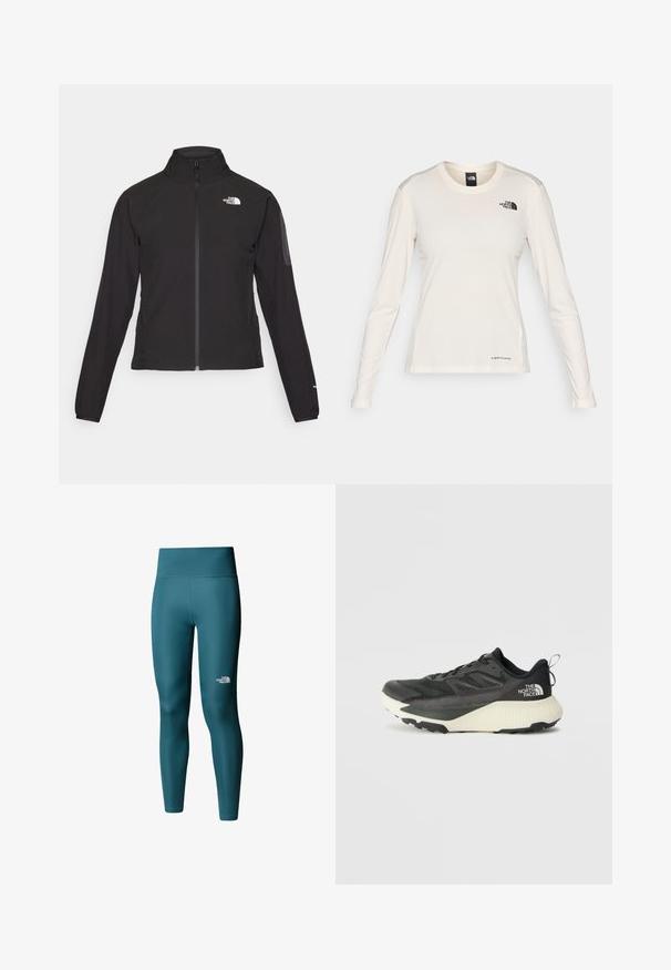 Zwarte zip-up jas met een hoge kraag, textuurstof en een logo op de linker borst. Beschikt over lange mouwen en een slim fit ontwerp.; The North Face SHADOW LONG SLEEVE - Longsleeve - white dune; The North Face W FLEX 28IN TIGHT - Legging - space; Zwarte sportieve schoen met een gestructureerde bovenkant, voorzien van grijze accenten en een witte tussenzool. Inclusief een trekhaak en een opvallend merklogo op de hiel.
