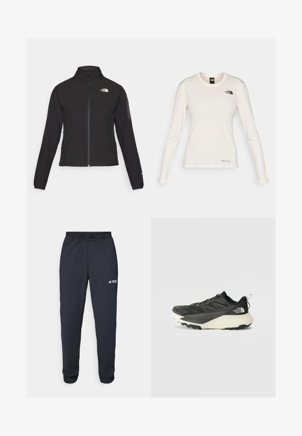 Black zip-up jacket with a high collar, textured fabric, and logo on the left chest. Features long sleeves and a fitted design.; The North Face SHADOW LONG SLEEVE - Long sleeved top - white dune; Black athletic pants made of smooth fabric, featuring an elastic waistband, tapered legs, and a small white logo on the left thigh.; Black athletic shoe with a textured upper, featuring gray accents and a white midsole. Includes a pull tab and prominent brand logo on the heel.