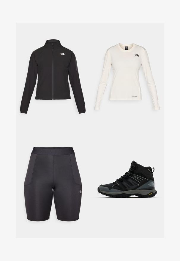 Black zip-up jacket with a high collar, textured fabric, and logo on the left chest. Features long sleeves and a fitted design.; The North Face SHADOW LONG SLEEVE - Long sleeved top - white dune; Black athletic shorts made from smooth, stretch fabric. Features a high waistband and side pockets. Logo details on the lower left side.; Mid-height hiking boot in black and gray. Features a textured upper, reinforced toe, and Vibram outsole for traction. Lightweight design.