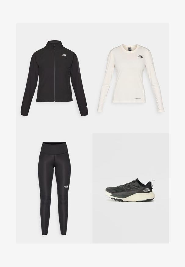 Zwarte zip-up jas met een hoge kraag, textuurstof en een logo op de linker borst. Beschikt over lange mouwen en een slim fit ontwerp.; The North Face SHADOW LONG SLEEVE - Longsleeve - white dune; Hoge zwarte leggings met een soepele, rekbare textuur. Heeft een klein wit logo op het onderbeen. Ontworpen voor sportkleding.; Zwarte sportieve schoen met een gestructureerde bovenkant, voorzien van grijze accenten en een witte tussenzool. Inclusief een trekhaak en een opvallend merklogo op de hiel.