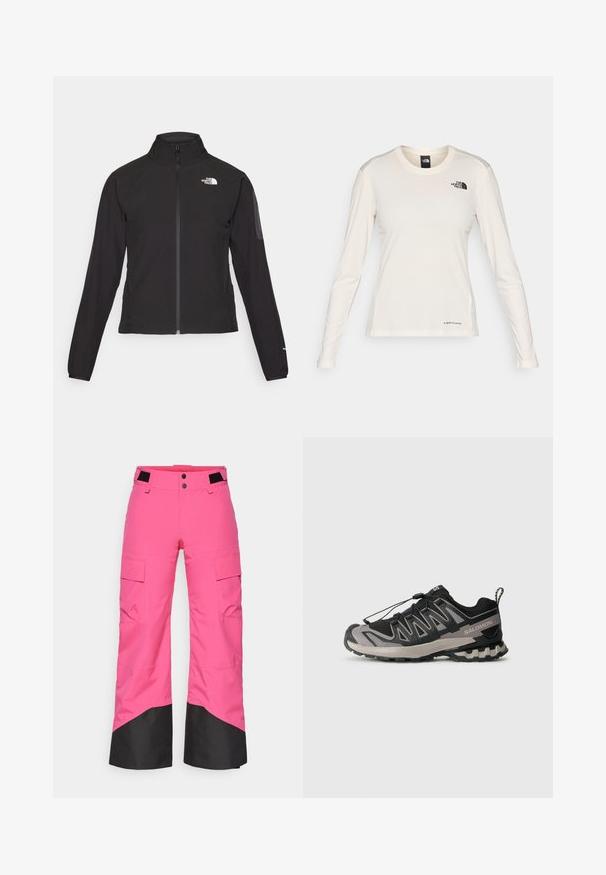 Schwarze Zip-Jacke mit hohem Kragen, strukturiertem Stoff und Logo auf der linken Brust. Verfügt über lange Ärmel und eine taillierte Passform.; The North Face SHADOW LONG SLEEVE - Langarmshirt - white dune; Rosa Skihosen mit schwarzem unteren Teil, aus strapazierfähigem Material gefertigt. Verfügt über Cargo-Taschen und ein weites Bein-Design für Komfort und Beweglichkeit.; Schwarzer und grauer Sportschuh mit einem Obermaterial aus Mesh, Gummisohle und elastischem Schnürsystem. Verfügt über eine verstärkte Zehenkappe und strukturierte Akzente.
