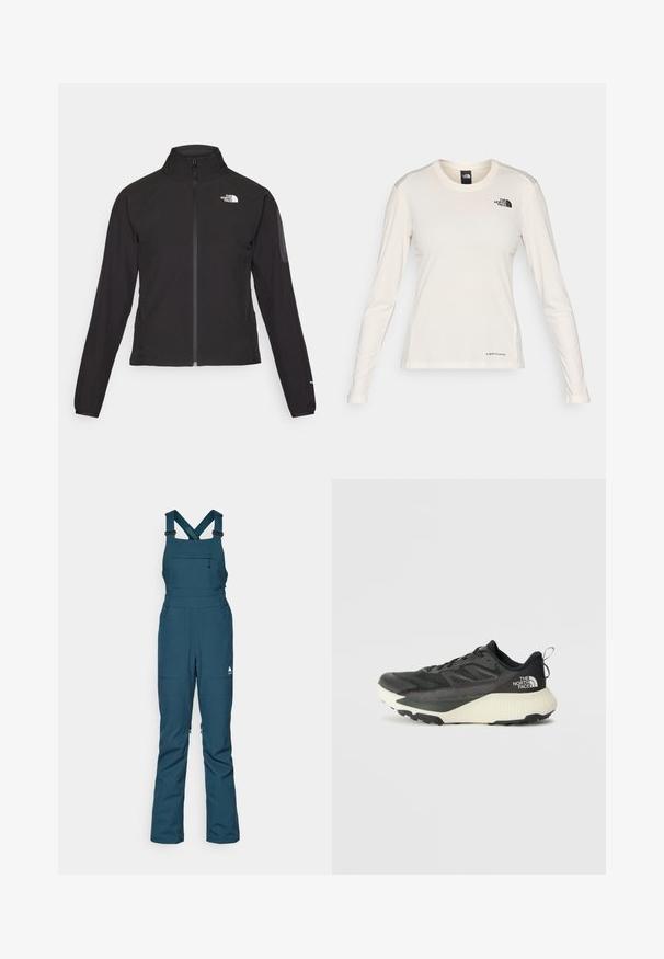Melna ar rāvējslēdzēju aizdara jaka ar augstu apkakli, teksturētu audumu un logotipu kreisajā krūtī. Satur garas piedurknes un pieguļošu dizainu.; The North Face SHADOW LONG SLEEVE - Tops ar garām piedurknēm - white dune; Tīrāmā sniega bikses ar regulējamiem siksnām, ar rāvējslēdzēju krūšu kabatu un divām sānu kabatām, izgatavotas no izturīga, pret laika apstākļiem noturīga materiāla.; Melna sporta kurpe ar teksturētu augšdaļu, kurai ir pelēki akcenti un balts vidusdaļa. Ietver vilkšanas cilpu un izteiktu zīmola logo uz papēža.