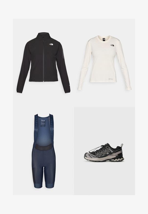 Črna zip-up jakna z visokim ovratnikom, teksturirano blago in logotipom na levem prsnem delu. Ima dolge rokave in prilega se.; The North Face SHADOW LONG SLEEVE - Majica z dolgimi rokavi - white dune; Morska kolesarska bib kratke hlače iz raztegljive tkanine, z oblazinjenim sedežem, mrežastim zgornjim delom in črnimi detajli na nogah in stranskih žepih.; Črne in sive športne čevlje z mrežasto zgornjim delom, gumijastim podplatom in elastiko za vezalke. Imajo ojačan prst in teksturirane detajle.