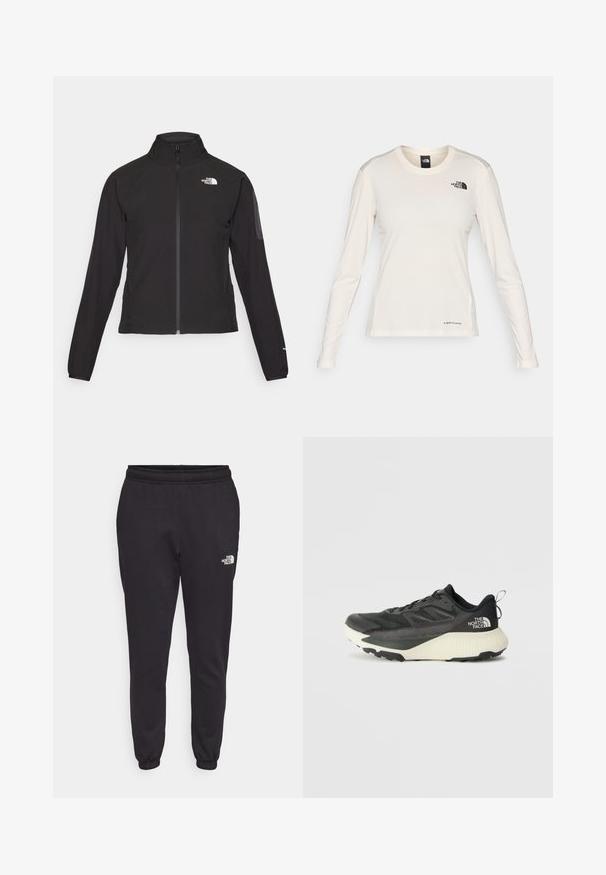 Schwarze Zip-Jacke mit hohem Kragen, strukturiertem Stoff und Logo auf der linken Brust. Verfügt über lange Ärmel und eine taillierte Passform.; The North Face SHADOW LONG SLEEVE - Langarmshirt - white dune; Schwarze Jogginghosen aus weichem Baumwollmix. Sie verfügen über einen elastischen Bund, ein schmal zulaufendes Bein-Design und ein kleines weißes Logo auf der unteren rechten Seite.; Schwarzer Sportschuh mit strukturiertem Obermaterial, ausgestattet mit grauen Akzenten und einer weißen Zwischensohle. Enthält eine Zuglasche und ein markantes Markenlogo an der Ferse.