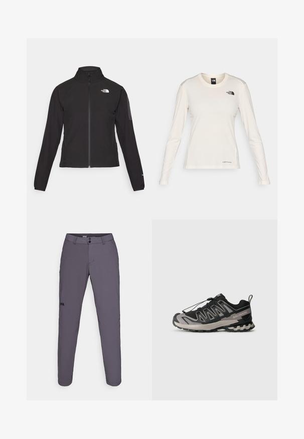 Casaco preto com fecho zip e gola alta, em tecido texturizado, com logo no lado esquerdo do peito. Apresenta mangas longas e um design ajustado.; The North Face SHADOW LONG SLEEVE - Camisola de manga comprida - white dune; Calças de exterior cinzentas com corte reto, feitas de um tecido leve e elástico. Apresentam bolsos frontais e um logotipo perto da coxa esquerda.; Sapatilha desportiva em preto e cinza com parte superior em malha, sola em borracha e sistema de atacadores elásticos. Apresenta uma biqueira reforçada e detalhes texturizados.