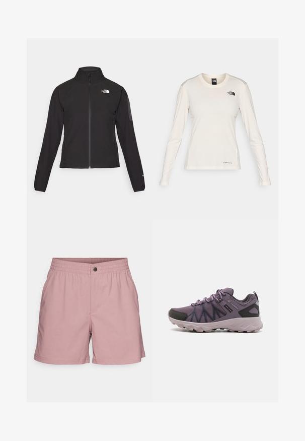 Svart zip-up jakke med høy krage, teksturert stoff, og logo på venstre bryst. Har lange ermer og en tettsittende design.; The North Face SHADOW LONG SLEEVE - Topper langermet - white dune; Lys rosa shorts med elastisk midjebånd og en enkelt knapp foran. Har sidelommer og en glatt tekstur. Rett snitt i bunnen.; Lette lilla turstøvler med mesh-overdel, sorte detaljer, en polstret såle og en robust såle for grep.