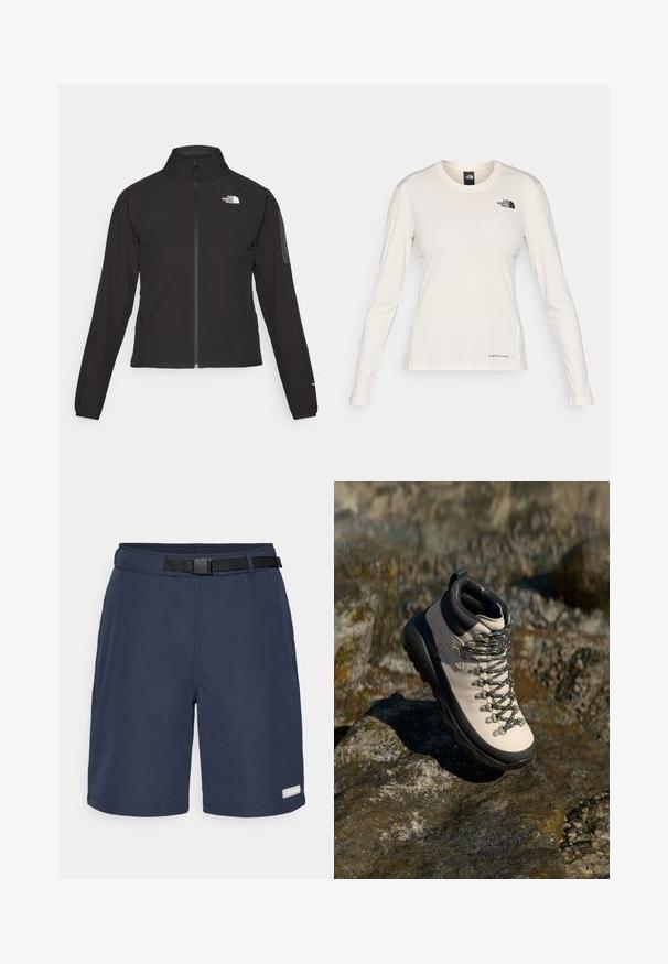 Svart zip-up jakke med høy krage, teksturert stoff, og logo på venstre bryst. Har lange ermer og en tettsittende design.; The North Face SHADOW LONG SLEEVE - Topper langermet - white dune; Marineblå shorts laget av lett materiale, med et svart justerbart belte, sømløs design og en liten logotag på kanten.; Lys beige tursko med svart gummisåle, fleksibel overdel, metalløye og grå snørebånd, plassert på en steinete overflate.