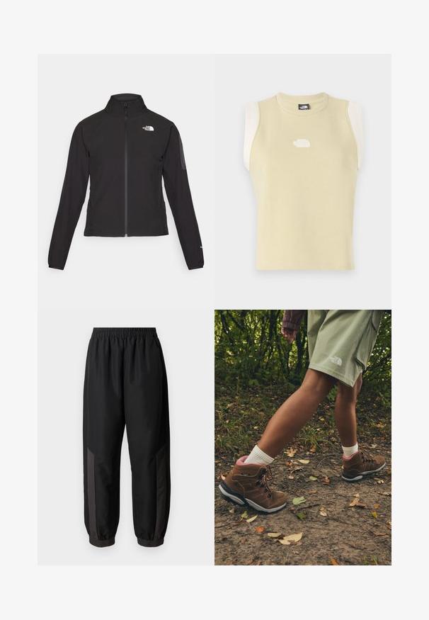 Zwarte zip-up jas met een hoge kraag, textuurstof en een logo op de linker borst. Beschikt over lange mouwen en een slim fit ontwerp.; Mouwloos topje van pastelgele katoen met een ronde halslijn. Heeft contrasterende crèmekleurige schouderpanelen en een gemêleerd logo op de borst.; Zwarte sportbroek van glad, lichtgewicht materiaal. Voorzien van een elastische tailleband, nauwsluitende boorden en donkere grijze zijpanelen met logo.; Jack Wolfskin REFUGIO PRIME TEXAPORE MID W - Outdoorschoenen - fawn