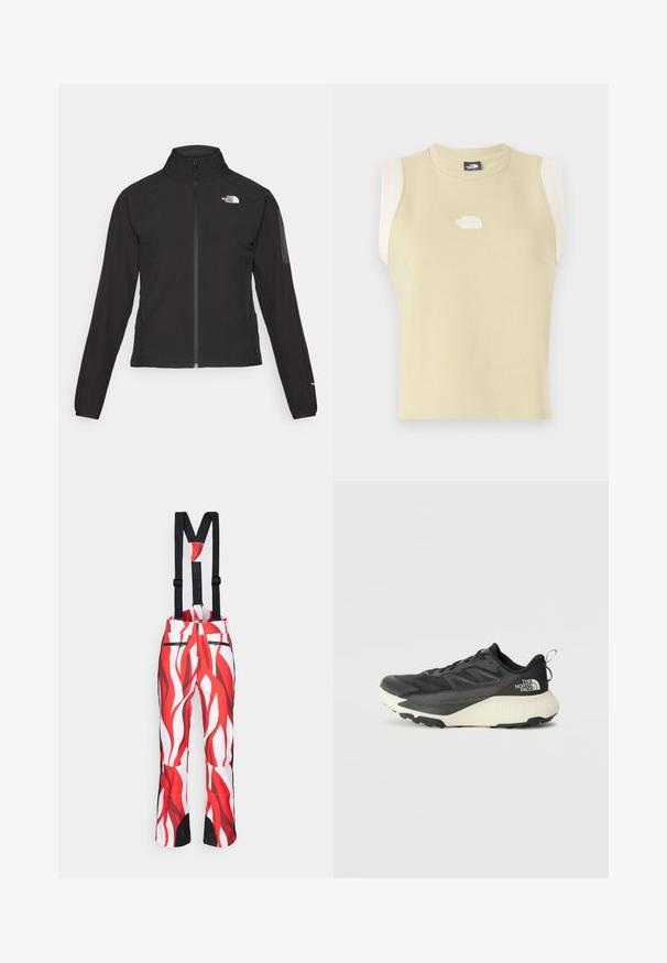 Čierna bunda na zips s vysokým golierom, textúrovanou tkaninou a logom na ľavej hrudi. Má dlhé rukávy a priliehavý strih.; Bezrukávový top z pastelovo žltého bavlneného materiálu s okrúhlym výstrihom. Má kontrastné krémové ramenné panely a textúrované logo na hrudi.; Červené a biele zateplené nohavice so vzorom, doplnené čiernymi detailmi a nastaviteľnými čiernymi traky. Obsahujú zipsové vrecká na prednej strane.; Čierna atletická obuv s textúrovaným vrchom, s šedými akcentmi a bielou medzipodrážkou. Obsahuje pútko a výrazné logo značky na päte.