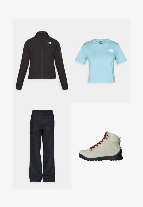 Black zip-up jacket with a high collar, textured fabric, and logo on the left chest. Features long sleeves and a fitted design.; Light blue cotton T-shirt with short sleeves and a crew neckline. Features a small white logo on the chest and a relaxed fit design.; Columbia BREA FALLS™ COTTON RIPSTOP PANT - Outdoor trousers - black; Beige hiking boot with red laces, metal eyelets, and a textured surface. Features a sturdy black sole and distinct logo detail on the side.