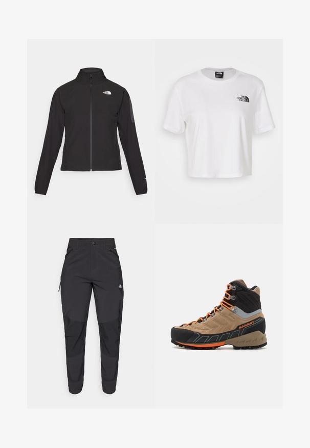 Casaco preto com fecho zip e gola alta, em tecido texturizado, com logo no lado esquerdo do peito. Apresenta mangas longas e um design ajustado.; T-shirt cropped branca feita de algodão com gola redonda e mangas curtas. Apresenta um logótipo preto no lado esquerdo do peito.; Calças pretas para exterior feitas de um tecido resistente. Apresentam bolsos com fecho, painéis de joelhos reforçados e um design de corte reto para maior mobilidade.; Bota de caminhada cano alto em bege e preto com atacadores laranja, biqueira em borracha, parte superior texturizada e sola robusta. Apresenta suporte reforçado para o tornozelo.