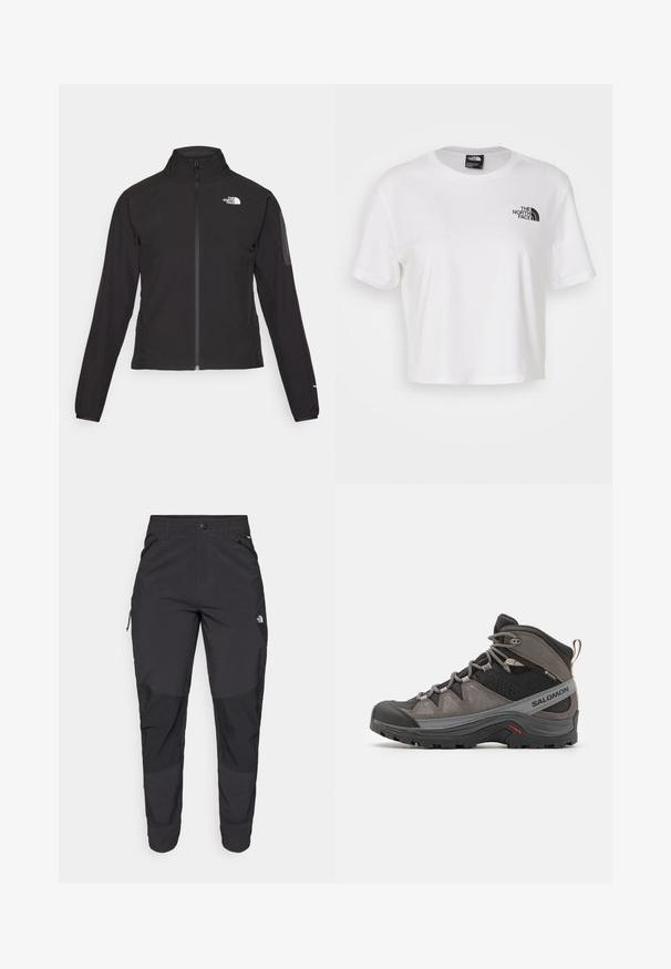 Casaco preto com fecho zip e gola alta, em tecido texturizado, com logo no lado esquerdo do peito. Apresenta mangas longas e um design ajustado.; T-shirt cropped branca feita de algodão com gola redonda e mangas curtas. Apresenta um logótipo preto no lado esquerdo do peito.; Calças pretas para exterior feitas de um tecido resistente. Apresentam bolsos com fecho, painéis de joelhos reforçados e um design de corte reto para maior mobilidade.; Bota de caminhada de altura média em cinza e preto, com sola espessa, atacadores com padrão, logo "Salomon" e etiqueta Gore-Tex, mostrada do lado externo.