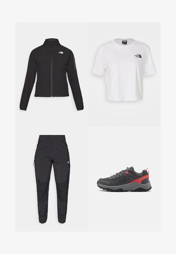 Čierna bunda na zips s vysokým golierom, textúrovanou tkaninou a logom na ľavej hrudi. Má dlhé rukávy a priliehavý strih.; Biela skrátená tričká vyrobené z bavlny s okrúhlym výstrihom a krátkymi rukávmi. Obsahuje čierne logo na ľavej hrudi.; Čierne vonkajšie nohavice vyrobené z odolného materiálu. Obsahujú vrecká na zips, zosilnené kolenné panely a rovný strih pre pohyblivosť.; Šedé vonkajšie tenisky s sieťovaným zvrškom, červenými a akvamarínovými akcentmi, okrúhlymi šnúrkami, polstrovanou podrážkou a robustnou čiernou gumovou podrážkou pre trakciu.
