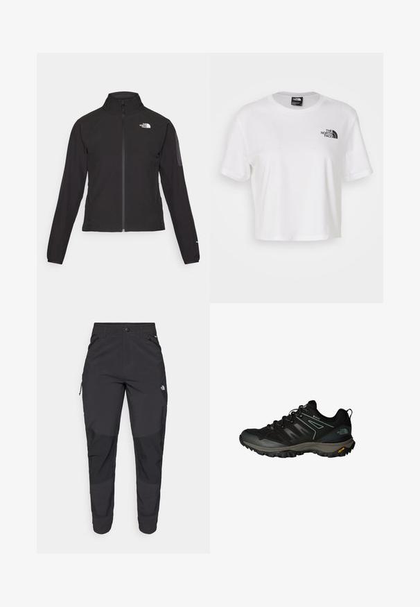 Casaco preto com fecho zip e gola alta, em tecido texturizado, com logo no lado esquerdo do peito. Apresenta mangas longas e um design ajustado.; T-shirt cropped branca feita de algodão com gola redonda e mangas curtas. Apresenta um logótipo preto no lado esquerdo do peito.; Calças pretas para exterior feitas de um tecido resistente. Apresentam bolsos com fecho, painéis de joelhos reforçados e um design de corte reto para maior mobilidade.; Sapatilha trail preta com cabedal em malha, detalhes cinzentos e sola Vibram robusta. Apresenta um design com atacadores e uma estrutura de suporte para uso ao ar livre.