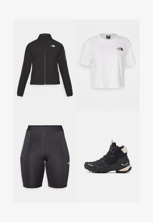 Black zip-up jacket with a high collar, textured fabric, and logo on the left chest. Features long sleeves and a fitted design.; White cropped t-shirt made of cotton with a round neckline and short sleeves. Features a black logo on the left chest.; Black athletic shorts made from smooth, stretch fabric. Features a high waistband and side pockets. Logo details on the lower left side.; Salewa PUEZ MID PTX - Hiking shoes - black