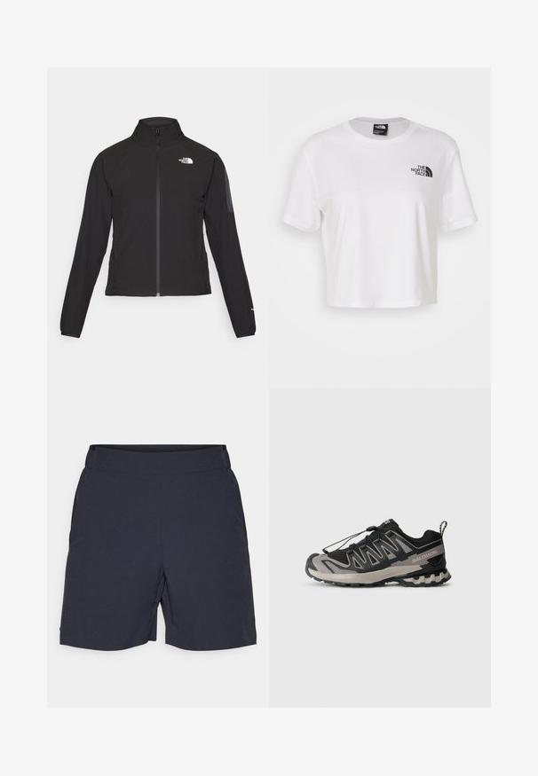Μαύρο σακάκι με φερμουάρ και ψηλό γιακά, υφασμάτινη επιφάνεια και λογότυπο στο αριστερό στήθος. Διαθέτει μακριά μανίκια και εφαρμοστή σχεδίαση.; Λευκό κοντό μπλουζάκι από βαμβάκι με στρογγυλή λαιμόκοψη και κοντά μανίκια. Διαθέτει μαύρο λογότυπο στο αριστερό στήθος.; Σκούρα ναυτικά σορτς από μαλακό, ελαφρύ ύφασμα, με επίπεδη μέση και πλαϊνές τσέπες, σχεδιασμένα για άνεση και κινητικότητα.; Μαύρο και γκρι αθλητικό παπούτσι με επάνω από δίχτυ, καουτσούκ σόλα και ελαστικό σύστημα δέσιμο. Διαθέτει ενισχυμένη μύτη και υφασμάτινα διακοσμητικά στοιχεία.