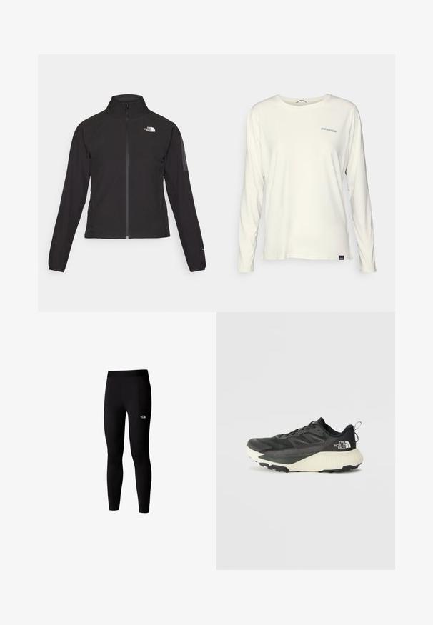 Melna ar rāvējslēdzēju aizdara jaka ar augstu apkakli, teksturētu audumu un logotipu kreisajā krūtī. Satur garas piedurknes un pieguļošu dizainu.; Garais piedurkņu, apaļā izgriezuma T-krekls off-white kokvilnā. Iekļauts zils Patagonia logotips kreisajā krūtī un pieguloša forma.; Melnas sportiskas legingu bikses, kas izgatavotas no elastīga materiāla, ar plašu jostasvietu un sānu kabatām. Vienkāršs dizains bez rakstiem vai akcentiem.; Melna sporta kurpe ar teksturētu augšdaļu, kurai ir pelēki akcenti un balts vidusdaļa. Ietver vilkšanas cilpu un izteiktu zīmola logo uz papēža.