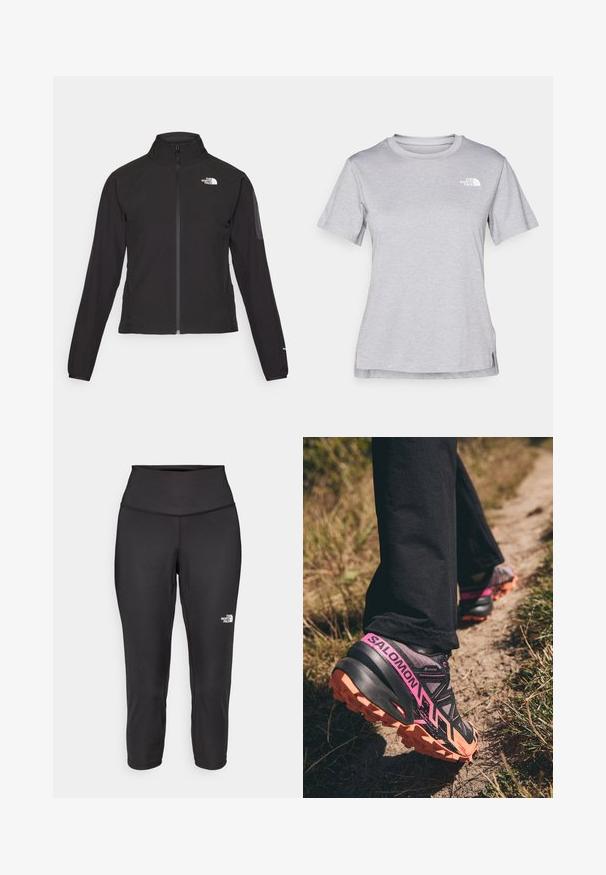 Black zip-up jacket with a high collar, textured fabric, and logo on the left chest. Features long sleeves and a fitted design.; Grey short-sleeve t-shirt made of soft, moisture-wicking fabric. Features a crew neck and a small white logo on the upper left.; Black capri leggings made from stretchy fabric, featuring a high waistband and a small white logo on the left side. Smooth texture.; Salomon SPEEDCROSS 6 GTX - Trail running shoes - moonscape/black/bird of paradise