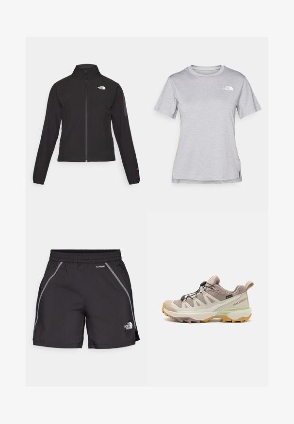 Giacca nera con zip e colletto alto, tessuto testurizzato e logo sul lato sinistro del petto. Presenta maniche lunghe e un design aderente.; T-shirt grigio a maniche corte realizzato in morbido tessuto traspirante. Presenta un collo tondo e un piccolo logo bianco nella parte superiore sinistra.; Shorts sportivi neri realizzati in materiale leggero, con una vita elastica, dettagli riflettenti e il logo "The North Face" sul lato sinistro.; Scarpe da trekking leggere con un design beige e verde menta. Parte superiore testurizzata, suola in gomma, sistema di allacciatura rapida e accenti gialli a contrasto.
