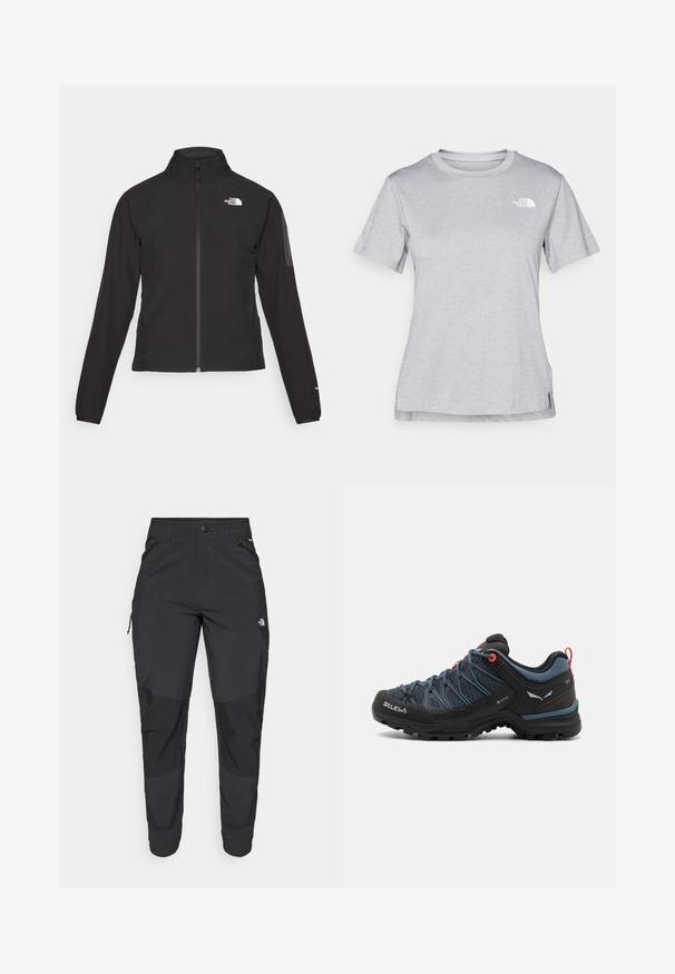 Chaqueta negra con cremallera y cuello alto, de tela texturizada, y logo en el lado izquierdo del pecho. Con mangas largas y un diseño ajustado.; Camiseta gris de manga corta hecha de una suave tela que absorbe la humedad. Presenta un cuello redondo y un pequeño logotipo blanco en la parte superior izquierda.; Pantalones exteriores negros hechos de tela duradera. Cuentan con bolsillos con cremallera, refuerzos en las rodillas y un diseño de corte recto para mayor movilidad.; Zapatos de senderismo para hombres con una parte superior de malla negra y azul, puntera de goma y acentos rojos. Presentan una suela texturizada para agarre y estabilidad.