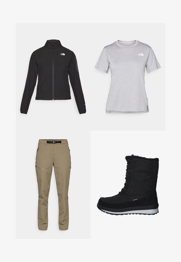 Zwarte zip-up jas met een hoge kraag, textuurstof en een logo op de linker borst. Beschikt over lange mouwen en een slim fit ontwerp.; Grijze T-shirt met korte mouwen, gemaakt van zachte, vochtabsorberende stof. Heeft een ronde hals en een klein wit logo op de bovenste linkerzijde.; Khaki buitenbroek met een elastische tailleband en een zwarte riem. Voorzien van zijzakken met rits en een gladde, gestructureerde stof.; CMP HARMA SNOW WP - Snowboots - schwarz