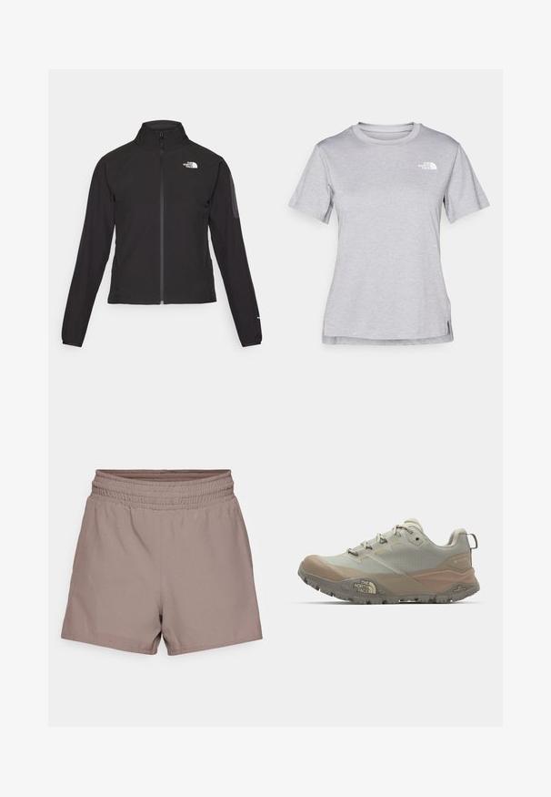 Mustmustabiga must jakk, millel on kõrge krae, tekstureeritud kangas ja logo vasakul rinnal. Omab pikki varrukaid ja sobivat disaini.; Hall juppuvarrega, pehmeast, niiskust eemaletõukavast kangast lühikeste varrukatega hall T-särk. Omab ümarat kaelust ning väikest valget logo vasakul ülal.; Heledad pruunid lühikesed püksid, mis on valmistatud siledast kangast, elastse vöökoha ja mugava lõikega, ilma nähtavate taskute või dekoratiivsete elementideta.; Heledhalli spordijalanõud beežide aktsentidega, valmistatud sünteetilisest materjalist. Omab karmi tallatüüpi, paeltega sulgemist ja brändimist küljes.