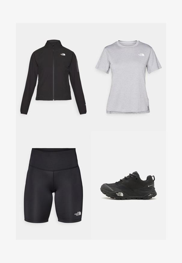 Casaco preto com fecho zip e gola alta, em tecido texturizado, com logo no lado esquerdo do peito. Apresenta mangas longas e um design ajustado.; T-shirt cinza de mangas curtas feito de um tecido suave e que absorve a humidade. Apresenta um decote redondo e um pequeno logotipo branco na parte superior esquerda.; Calções atléticos pretos feitos de tecido elástico, com uma cintura alta e o logótipo da The North Face em branco na parte inferior da perna direita.; Shoe de caminhada preto com um upper texturizado, fecho de atacador e uma sola de borracha robusta com um logótipo proeminente na lateral e padrões de piso.