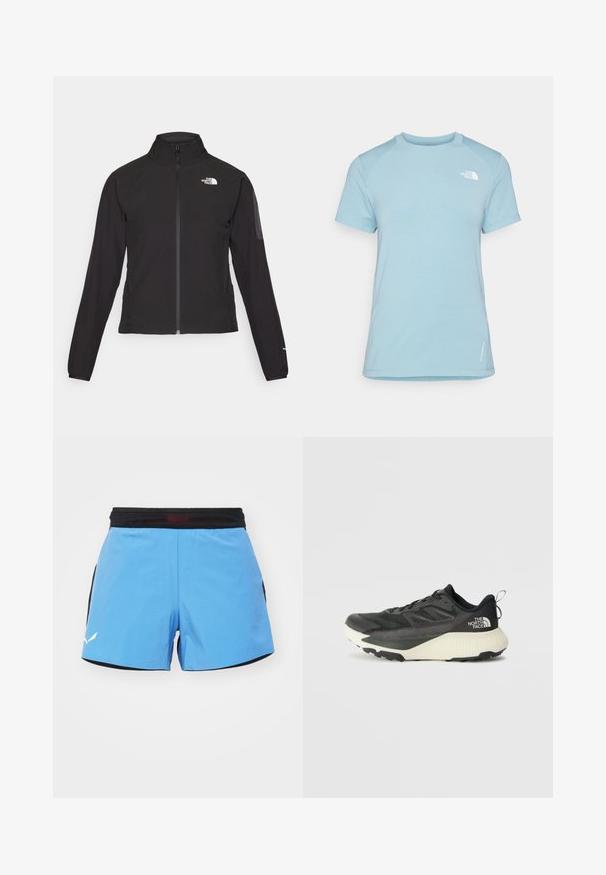 Mustmustabiga must jakk, millel on kõrge krae, tekstureeritud kangas ja logo vasakul rinnal. Omab pikki varrukaid ja sobivat disaini.; Hele sinine lühikeste varrukatega T-särk ümmarguse kaelusega. Omab pehmet kangast, raglaani varrukaid ja valget logo vasakul üleval rinnal.; Heledad sinine spordishorts musta vööga, külgedel on võrguhulgad ja hemil valge logo. Pehme, kiiresti kuivav kangas.; Musty mustusjalats musta pealisega, millel on tekstuur, hallid aktsendid ja valge vaheosa. Sisaldab tõmbeosa ning silmapaistvat brändi logo kandadel.