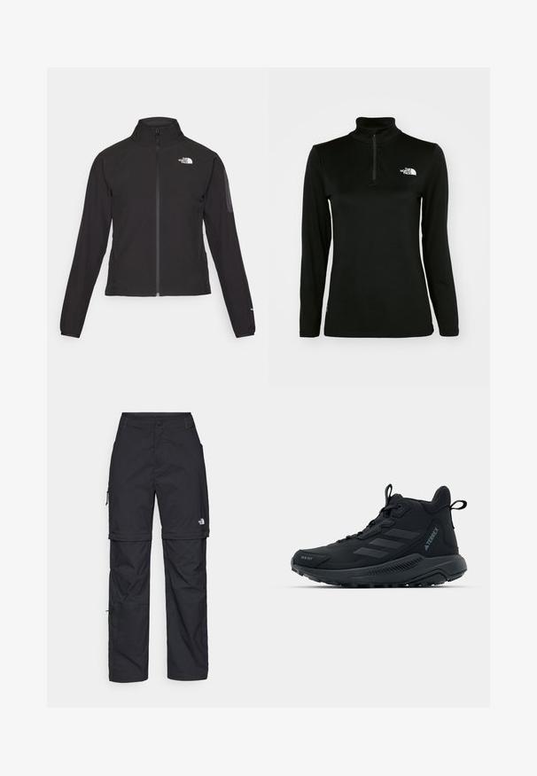 Melna ar rāvējslēdzēju aizdara jaka ar augstu apkakli, teksturētu audumu un logotipu kreisajā krūtī. Satur garas piedurknes un pieguļošu dizainu.; Melnā garā piedurkne puloveris ar augstu apkakli un ceturtdaļas rāvējslēdzēju, izgatavots no gludas auduma, ar baltu logo kreisajā krūtīs.; Melni nailona bikses ar noņemamām kājām, regulējamiem uzmavām, vairākām kabatām un logotipu uz labās kājas. Gluda, viegla tekstūra.; Melnas pārgājienu kurpes ar teksturētu virsu, pastiprinātu purngalu un gumijas zoli. Iespējoj trīs svītru dizains un mīkstināta potītes apmale atbalstam.