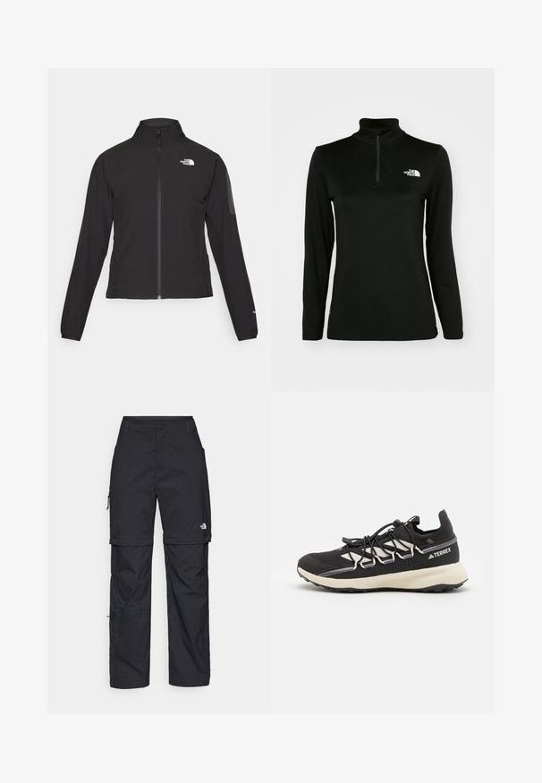 Giacca nera con zip e colletto alto, tessuto testurizzato e logo sul lato sinistro del petto. Presenta maniche lunghe e un design aderente.; Pullover nero a maniche lunghe con colletto alto e zip a quartu, realizzato in un tessuto morbido, con un logo bianco sul lato sinistro del petto.; Pantaloni cargo in nylon nero con zip rimovibile, polsini regolabili, molteplici tasche e un logo sulla gamba destra. Tessuto liscio e leggero.; Scarpa sportiva nera con tomaia testurizzata, accenti bianchi a contrasto, suola modellata e lacci elastici. Presenta un logo stampato sul tallone.