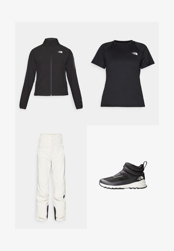 Veste noire zippée avec un col haut, tissu texturé et logo sur la poitrine gauche. Elle possède des manches longues et une coupe ajustée.; T-shirt de sport noir à manches courtes avec col rond et logo The North Face sur le haut à gauche de la poitrine.; Pantalon de neige blanc avec une taille haute froncée, deux poches avant et des accents noirs au niveau des ourlets. Fabriqué dans un matériau lisse et résistant aux intempéries.; Chaussure de cheville noire et grise avec tige matelassée, panneaux en maille et semelle intermédiaire blanche. Elle dispose d'une fermeture éclair et d'une languette de traction au niveau du talon.