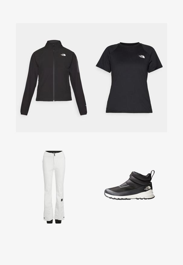 Schwarze Zip-Jacke mit hohem Kragen, strukturiertem Stoff und Logo auf der linken Brust. Verfügt über lange Ärmel und eine taillierte Passform.; Schwarzes, kurzärmliges Sport-T-Shirt mit Rundhalsausschnitt und dem The North Face-Logo auf der oberen linken Brust.; Weiße Skihosen aus einem wasserabweisenden Stoff mit glatter Textur. Verfügen über zwei schwarze Knöpfe an der Taille und Reißverschlusstaschen.; Schwarzer und grauer, knöchelhoher Schuh mit gestepptem Obermaterial, Mesh-Einsätzen und einer weißen Zwischensohle. Verfügt über einen Reißverschluss und einen Zugtab am Absatz.