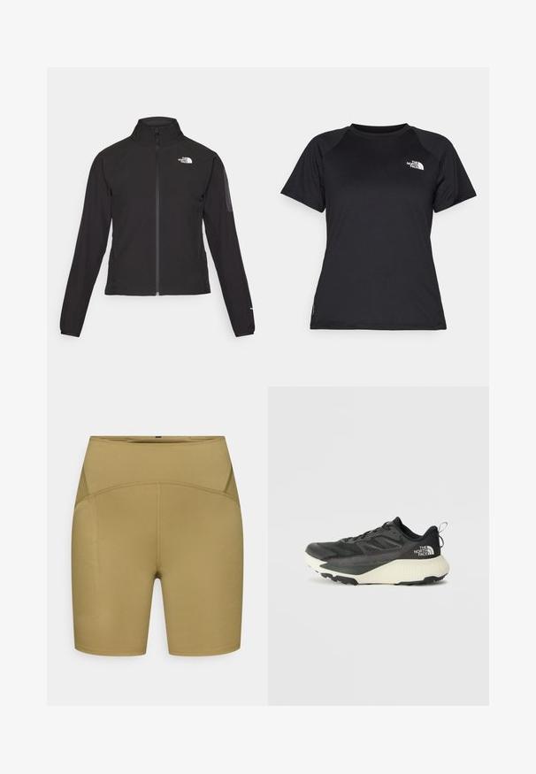 Czarna kurtka zapinana na zamek z wysokim kołnierzem, teksturowana tkanina i logo na lewej piersi. Posiada długie rękawy i dopasowany krój.; Czarny sportowy t-shirt z krótkim rękawem i okrągłym dekoltem, z logo The North Face na górnej lewej części klatki piersiowej.; Szorty z wysokim stanem w jasnym oliwkowym kolorze, wykonane z elastycznego materiału. Posiadają płaskie szwy i gładką fakturę, bez kieszeni.; Czarne sportowe buty z teksturowaną cholewką, z szarymi akcentami i białą podeszwą środkową. Zawierają pętelkę do zakładania oraz wyraźne logo marki na pięcie.