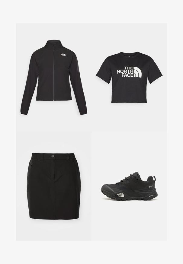 Mustmustabiga must jakk, millel on kõrge krae, tekstureeritud kangas ja logo vasakul rinnal. Omab pikki varrukaid ja sobivat disaini.; Must must kleidend t-särk, millel on valge logo ja kõverad aktsendid, esiküljel tekst "THE NORTH FACE". Lühikesed varrukad, ümar kaelus.; Must mustriga, pehmest kangast, disainiga must seelik. Omab esipoolset nuppu, tõmblukuga taskut ja elastset vöökohta mugavuse tagamiseks.; Mustad matkajalanõud musta värvi, tekstuurse ülemise osa, paeltega kinnituse ja volüümika kummitald, millel on silmapaistev logo külgedel ja mustrimuster.