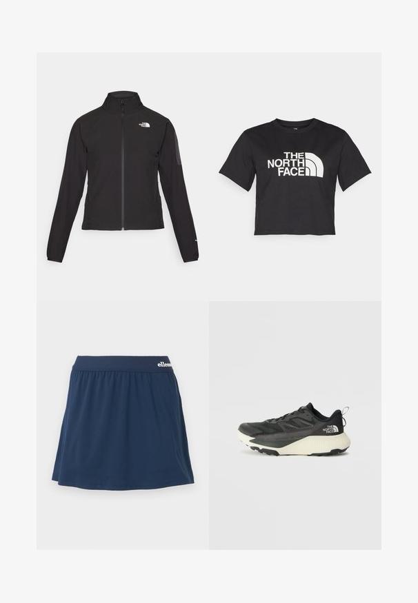 Fekete, cipzáros dzseki magas gallérral, texturált anyagból, bal mellen logóval. Hosszú ujjak és testhezálló fazon jellemzi.; Fekete, vágott ujjú, pamut póló, fehér logóval, amely ívelt díszítéseket és a "THE NORTH FACE" feliratot tartalmazza az elején. Rövid ujjú, kerek nyakú.; Tengerészkék, puha anyagú szoknya-nadrág, rugalmas derékkal. Gyűrt dizájnnal és kis logóval rendelkezik a derékon.; Fekete sportcipő, texturált felsőrésszel, szürke kiegészítőkkel és fehér középtalppal. Húzófüllel és kiemelkedő márkalandírral a sarkán.