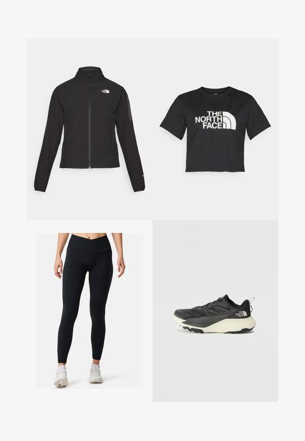 Veste noire zippée avec un col haut, tissu texturé et logo sur la poitrine gauche. Elle possède des manches longues et une coupe ajustée.; T-shirt noir court en coton, avec un logo blanc avec des accents courbés et le texte "THE NORTH FACE" sur le devant. Manches courtes, col rond.; Leggings noirs avec une taille haute, fabriqués en matériau extensible. Présentent un design sans couture et un discret logo près du haut.; Chaussure de sport noire avec une tige texturée, dotée d'accents gris et d'une semelle intermédiaire blanche. Comprend une languette et un logo de marque bien visible à l'arrière.