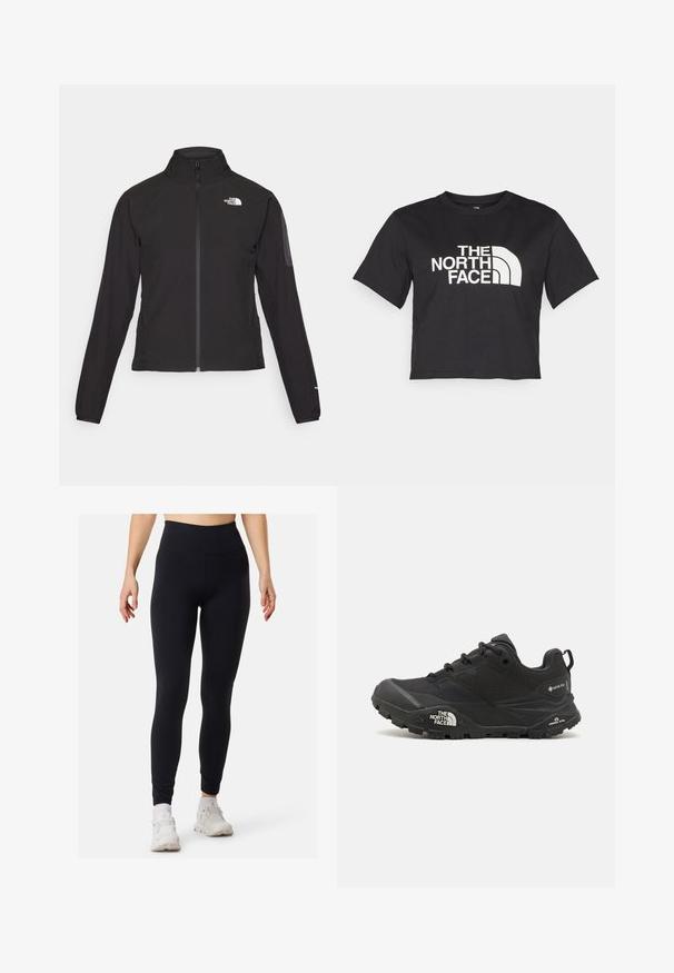 Schwarze Zip-Jacke mit hohem Kragen, strukturiertem Stoff und Logo auf der linken Brust. Verfügt über lange Ärmel und eine taillierte Passform.; Schwarzes, tailliertes T-Shirt aus Baumwolle mit einem weißen Logo mit geschwungenen Akzenten und dem Text "THE NORTH FACE" auf der Vorderseite. Kurze Ärmel, Rundhalsausschnitt.; Schwarze Leggings mit hoher Taille, aus einem glatten, dehnbaren Material gefertigt. Bieten ein enganliegendes Design und flache Nähte, geeignet für Sportbekleidung.; Schwarzer Wanderschuh mit einer strukturierten Oberfläche, Schnürverschluss und einer massiven Gummisohle, die auf der Seite ein ausgeprägtes Logo sowie Profilmuster zeigt.