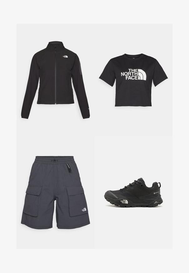 Jachetă neagră cu fermoar și guler înalt, din material texturat, cu logo pe partea stângă a pieptului. Prezintă mâneci lungi și un design ajustat.; Cămașă scurtă neagră din bumbac, cu un logo alb cu accente curbate și textul "THE NORTH FACE" pe față. Mâneci scurte, guler rotund.; Pantaloni scurți cargo gri cu un braț de strângere, două buzunare laterale și două buzunare cu clapetă. Prezintă un mic logo alb în colțul din stânga jos.; Shoe de drumeții de culoare neagră cu un suprafață texturată, închidere cu șire, și o talpă din cauciuc masivă, având un logo proeminent pe lateral și modele de bandă.