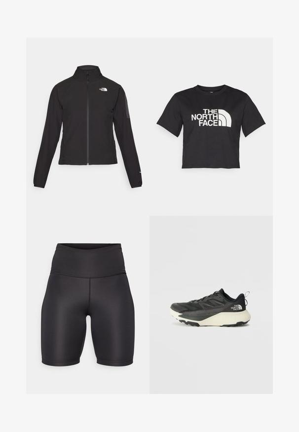 Svart zip-up jakke med høy krage, teksturert stoff, og logo på venstre bryst. Har lange ermer og en tettsittende design.; Svart avkortet t-skjorte laget av bomull, med et hvitt logo med buede detaljer og teksten "THE NORTH FACE" på forsiden. Korte ermer, rund hals.; Svart trening shorts med høy midje, laget av glatt, elastisk stoff. Har en sømløs design og knelengde.; Svart treningssko med teksturert overdel, med grå detaljer og hvit såle. Har en pull tab og fremtredende merkevarelogo på hælen.