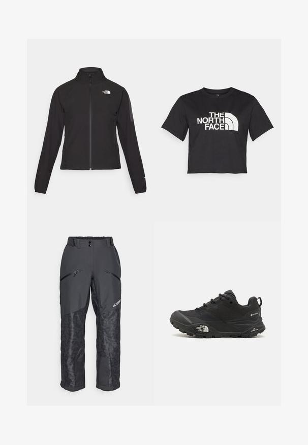 Casaco preto com fecho zip e gola alta, em tecido texturizado, com logo no lado esquerdo do peito. Apresenta mangas longas e um design ajustado.; T-shirt cropped preta feita de algodão, com um logotipo branco com acentos curvos e o texto "THE NORTH FACE" na parte da frente. Mangas curtas, gola redonda.; Calças de neve pretas com painéis inferiores texturizados, cintura elástica, bolsos frontais com fecho e detalhe do logótipo na lateral. Tecido durável e resistente à água.; Shoe de caminhada preto com um upper texturizado, fecho de atacador e uma sola de borracha robusta com um logótipo proeminente na lateral e padrões de piso.
