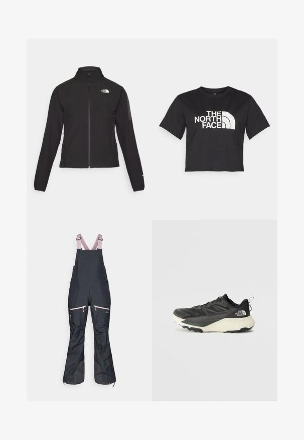 Melna ar rāvējslēdzēju aizdara jaka ar augstu apkakli, teksturētu audumu un logotipu kreisajā krūtī. Satur garas piedurknes un pieguļošu dizainu.; Melnā īsā t-kreklā no kokvilnas, ar baltu logo un izliektiem akcentiem, uz kura ir uzraksts "THE NORTH FACE" priekšpusē. Īsas piedurknes, apaļa izgriezuma kakla daļa.; Melni ūdensnecaurlaidīgi kombinezoni ar rozā regulējamiem siksnām, kuriem ir rāvējslēdzēju kabatas un pastiprinātas apakšējās daļas izturības nodrošināšanai.; Melna sporta kurpe ar teksturētu augšdaļu, kurai ir pelēki akcenti un balts vidusdaļa. Ietver vilkšanas cilpu un izteiktu zīmola logo uz papēža.