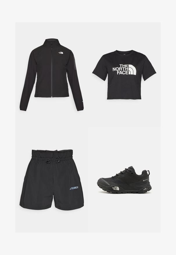 Svart zip-up jacka med hög krage, texturerat tyg och logotyp på vänster bröst. Har långa ärmar och en figursydd design.; Svart kortärmad t-shirt i bomull, med en vit logotyp med böjda accenter och texten "THE NORTH FACE" framtill. Kort ärm, rundad hals.; Svarta träningsshorts med elastisk midja, justerbara snören och en blå "TERREX"-logotyp på nedre högra framdelen. Mjuk tygkvalitet.; Svart vandringsskor med en texturerad övre del, snörning och en kraftig gummisula som har en framträdande logotyp på sidan och mönster i sulan.