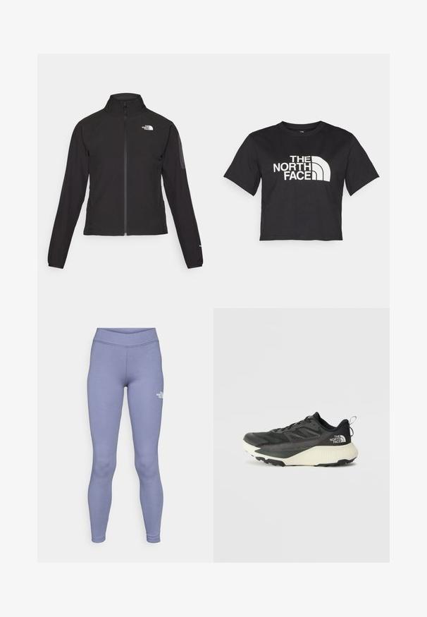Črna zip-up jakna z visokim ovratnikom, teksturirano blago in logotipom na levem prsnem delu. Ima dolge rokave in prilega se.; Črna kratka majica iz bombaža, ki ima spredaj bel logotip s ukrivljenimi akcenti in besedilom "THE NORTH FACE". Kratke rokave, okroglo izrezan ovratnik.; Modre športne legice iz mehke, raztegljive tkanine. Imajo visok pas in majhen bel logo na levem stegnu.; Črne atletske čevlje z teksturiranim zgornjim delom, ki imajo sivo obrobo in belo srednjo podplat. Vključujejo zanko za vprego in izstopajočo blagovno znamko na peti.