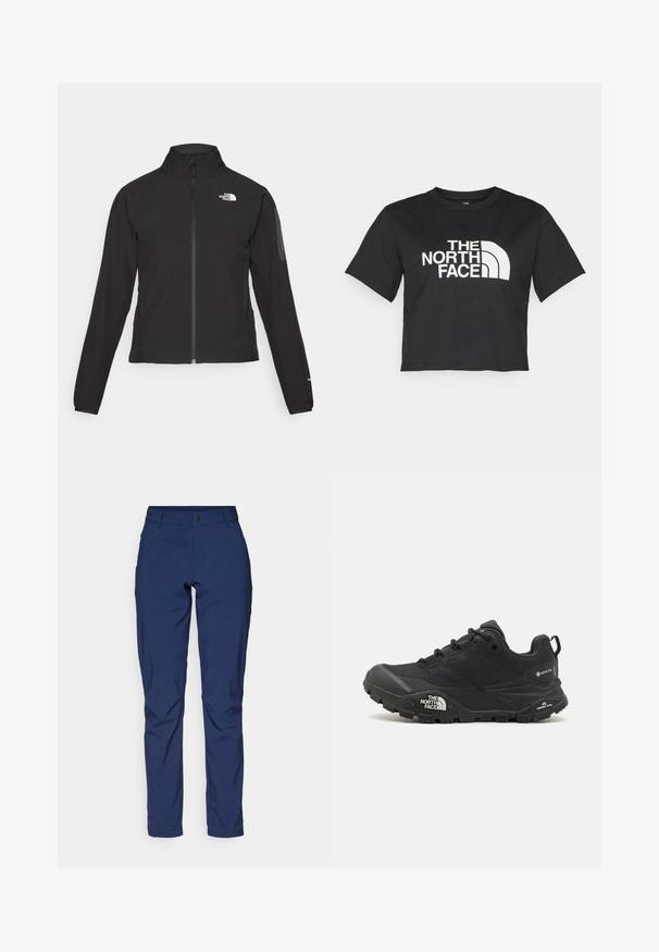 Črna zip-up jakna z visokim ovratnikom, teksturirano blago in logotipom na levem prsnem delu. Ima dolge rokave in prilega se.; Črna kratka majica iz bombaža, ki ima spredaj bel logotip s ukrivljenimi akcenti in besedilom "THE NORTH FACE". Kratke rokave, okroglo izrezan ovratnik.; Temno modri hlače iz gladkega materiala, z običajnim krojem, sprednjimi žepi in zadrgo ter gumbom za zapiranje.; Črne pohodne čevlje z teksturirano zgornjim delom, vezalnim zapiranjem in masivnim gumijastim podplatom, ki ima opazen logotip na strani in vzorce profila.