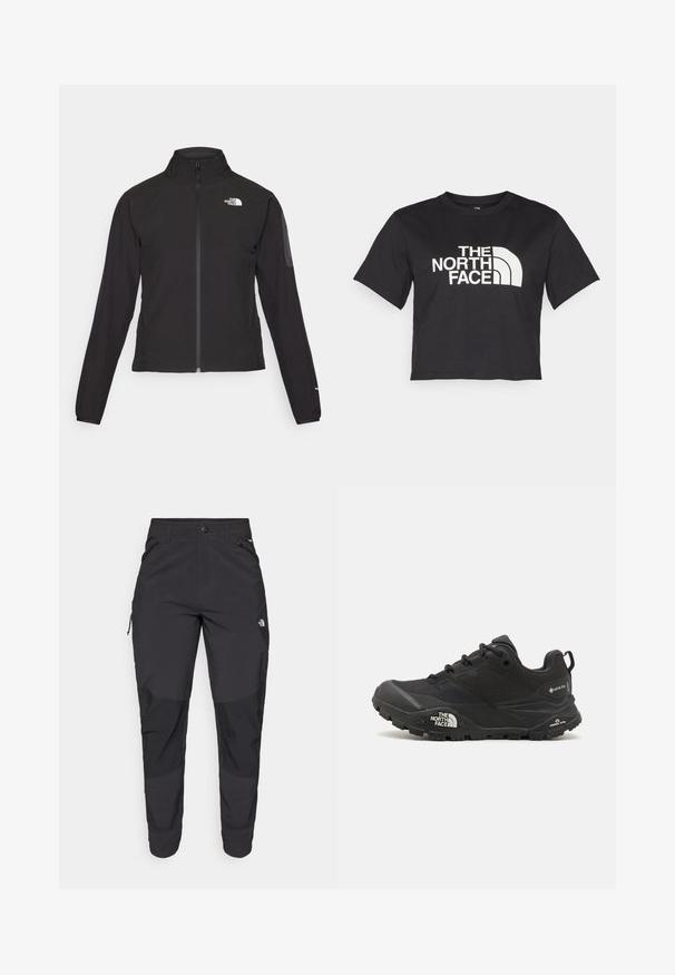 Mustat vetoketjullinen takki, jossa on korkea kaulus, teksturoitu kangas ja logo vasemmassa rinnassa. Ominaisuuksiin kuuluvat pitkät hihat ja slim fit -muotoilu.; Musta lyhythihainen crop-top, joka on valmistettu puuvillasta. Etupuolella on valkoinen logo, jossa on kaarevat koristelut ja teksti "THE NORTH FACE". Lyhyet hihat, pyöreä kaula-aukko.; Mustat ulkona käytettävät housut, jotka on valmistettu kestävästä kankaasta. Ominaisuuksiin kuuluvat vetoketjulliset taskut, vahvistetut polvilevyt ja suora leikkaus, joka mahdollistaa liikkuvuuden.; Musta vaelluskengä, jossa on teksturoitu päällinen, nauhakiinnitys ja paksu kumipohja, jossa on näkyvä logo sivulla ja kavennuskuviointi.