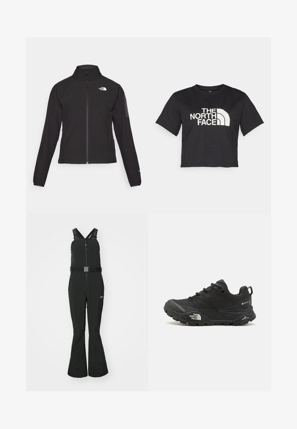 Crna jakna na zip s visokim ovratnikom, teksturirana tkanina i logotip na lijevoj strani prsiju. Ima duge rukave i uski kroj.; Crni kratki majica od pamuka s bijelim logotipom s zakrivljenim naglasima i tekstom "THE NORTH FACE" sprijeda. Kratki rukavi, okrugli ovratnik.; Oakley HARPER BIB - Snowboard hlače - blackout; Crne planinarske cipele s teksturiranim gornjim dijelom, zatvaranjem na vezivanje i debelim gumenim potplatom koji sadrži istaknuti logo na strani i uzorke na gaznom sloju.