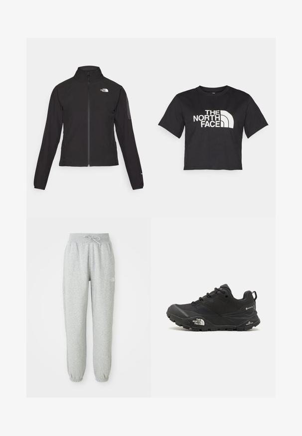 Casaco preto com fecho zip e gola alta, em tecido texturizado, com logo no lado esquerdo do peito. Apresenta mangas longas e um design ajustado.; T-shirt cropped preta feita de algodão, com um logotipo branco com acentos curvos e o texto "THE NORTH FACE" na parte da frente. Mangas curtas, gola redonda.; Calças de moletão cinzentas com um cós elástico e cordão. O tecido é suave, apresentando punhos elásticos nos tornozelos e um detalhe com logótipo.; Shoe de caminhada preto com um upper texturizado, fecho de atacador e uma sola de borracha robusta com um logótipo proeminente na lateral e padrões de piso.