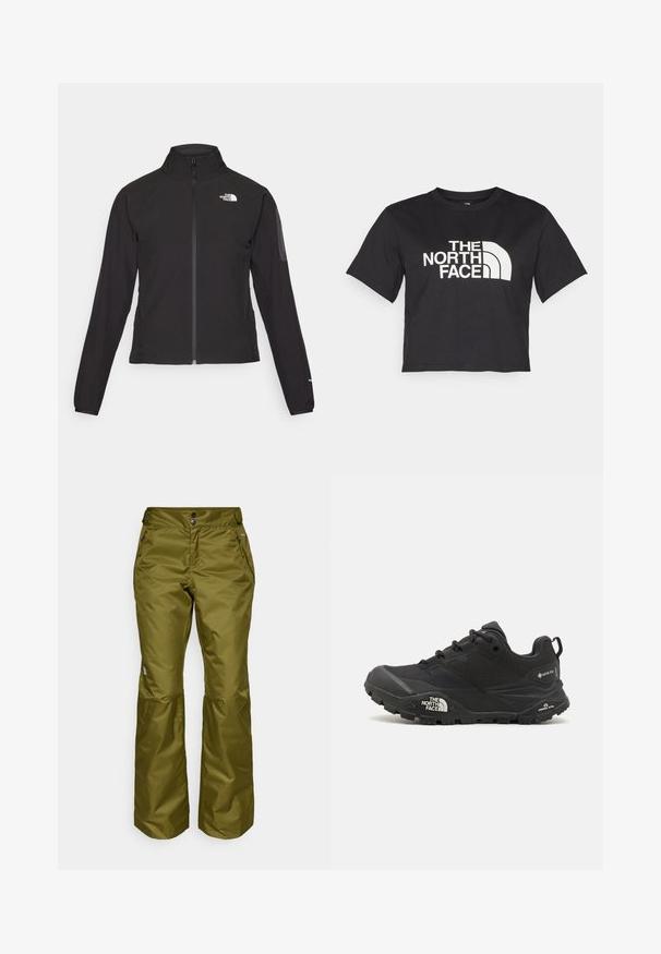 Mustmustabiga must jakk, millel on kõrge krae, tekstureeritud kangas ja logo vasakul rinnal. Omab pikki varrukaid ja sobivat disaini.; Must must kleidend t-särk, millel on valge logo ja kõverad aktsendid, esiküljel tekst "THE NORTH FACE". Lühikesed varrukad, ümar kaelus.; Õlivärvi veekindlad püksid, valmistatud läikivast nailonist, sirge lõikega, kahe külje tõmbluku taskuga ning nööpkinnitusega vööl.; Mustad matkajalanõud musta värvi, tekstuurse ülemise osa, paeltega kinnituse ja volüümika kummitald, millel on silmapaistev logo külgedel ja mustrimuster.