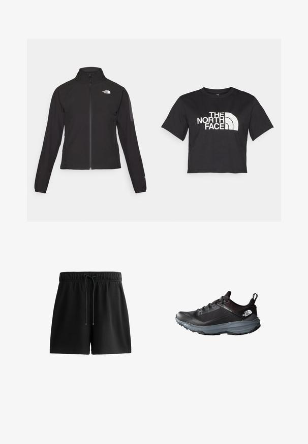 Black zip-up jacket with a high collar, textured fabric, and logo on the left chest. Features long sleeves and a fitted design.; Black cropped t-shirt made of cotton, featuring a white logo with curved accents and text "THE NORTH FACE" on the front. Short sleeves, crew neck.; Black shorts made of soft material, featuring an elastic waistband with a drawstring, side pockets, and a simple, streamlined design.; Black running shoe with a textured upper, padded collar, and gray midsole. Features laces, logo, and a durable treaded outsole.