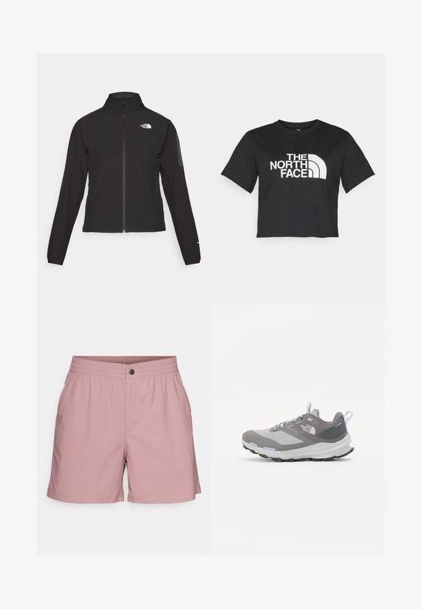 Mustmustabiga must jakk, millel on kõrge krae, tekstureeritud kangas ja logo vasakul rinnal. Omab pikki varrukaid ja sobivat disaini.; Must must kleidend t-särk, millel on valge logo ja kõverad aktsendid, esiküljel tekst "THE NORTH FACE". Lühikesed varrukad, ümar kaelus.; Heledad roosad lühikesed püksid elastse vöökoha ja ühe esimmäpikanööriga. Omab küljetaskuid ja siledat tekstuuri. Sirge lõige allservas.; Hallik Syncer grey värvi jooksujalatsid, mis on valmistatud võrkkudumist ja sünteetilistest materjalidest ning millel on lillad aktsendid, tekstureeritud talla ja mugav pildumislint kandade kohal.